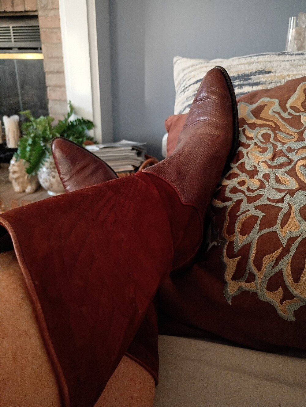 Rust Brown Leather & Suede Knee Boots